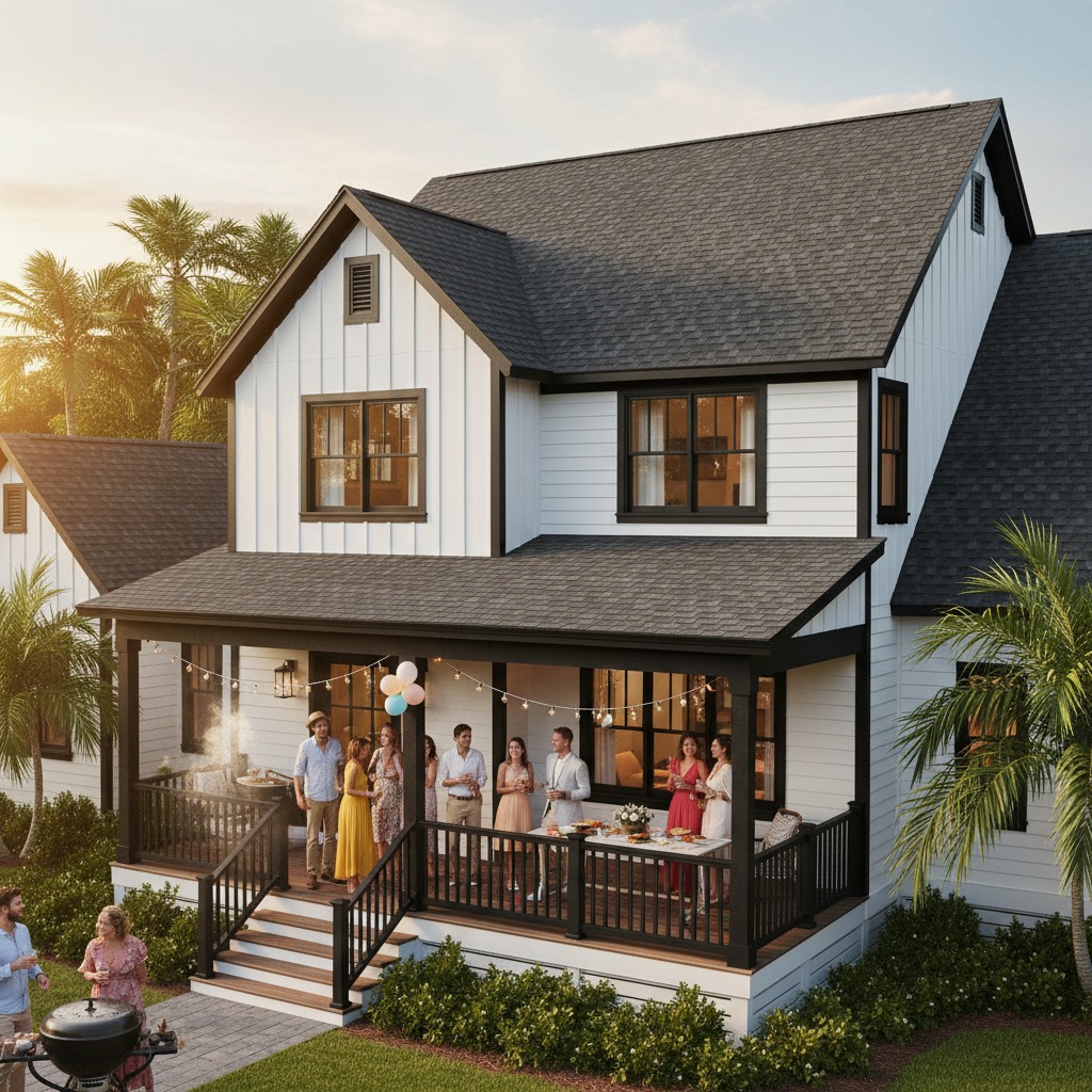 A large white two-story house with a black shingle roof and a covered porch where a group of people are gathered.
