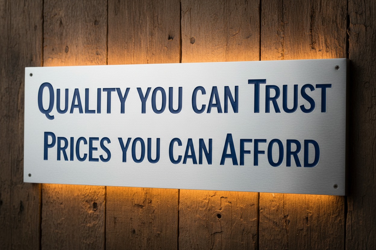A metal sign on a wooden wall reads, "Quality You Can Trust, Prices You Can Afford."